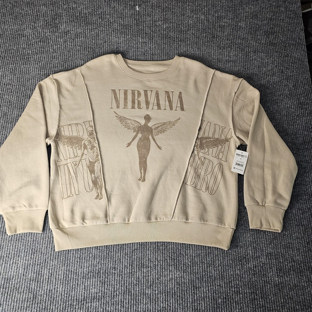 Nirvana Sweatshirt Mens Medium Taupe In Utero Angel Graphic Band Crewneck Fleece